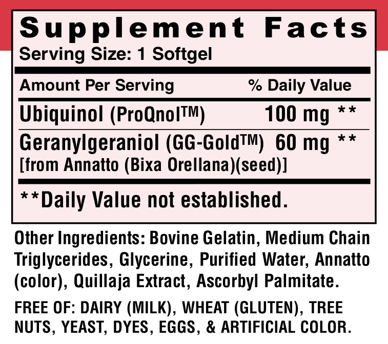 Active Co-Q10 Ubiquinol Supplement Facts panel — 1 softgel serving with 100 mg Ubiquinol (ProQnol) and 60 mg Geranylgeraniol (GG-Gold) from annatto