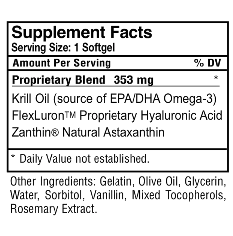 Bio H.A. Firm & Flex Supplement Facts panel — 353 mg proprietary blend of Krill Oil, FlexLuron Hyaluronic Acid, and Zanthin Natural Astaxanthin per softgel