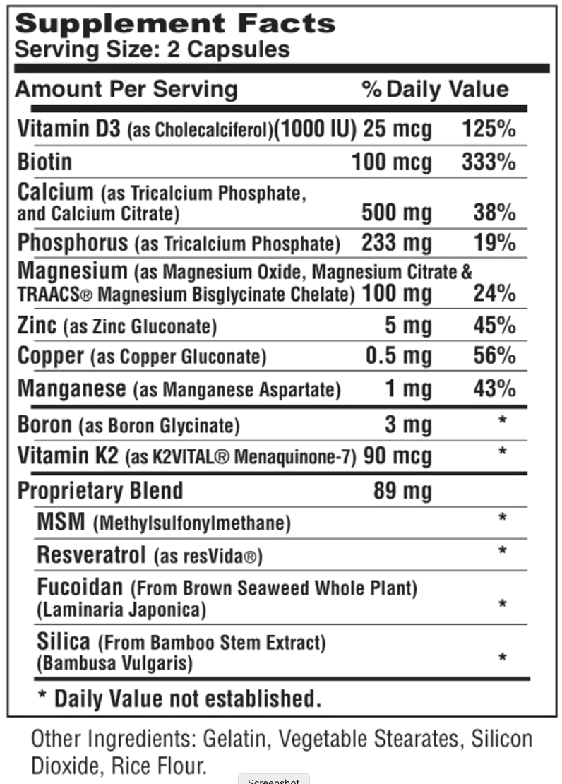 Day-Cal Supplement Facts panel — calcium, magnesium, Vitamin D3, K2, MSM and Fucoidan