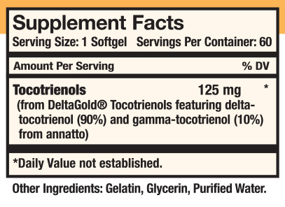 Delta E Natural Tocotrienols Supplement Facts panel — 125 mg DeltaGold tocotrienols per softgel