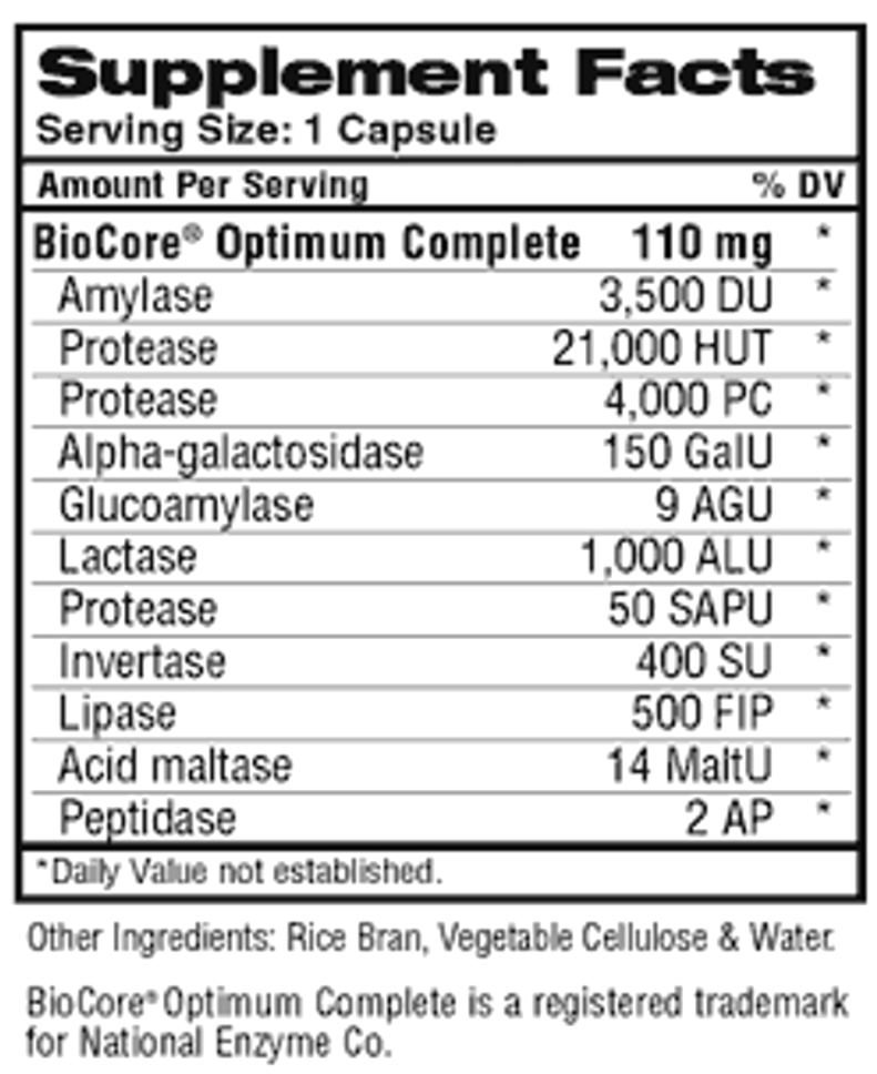 Healthy Tract Digestive Enzymes Supplement Facts panel — BioCore Optimum Complete 110 mg, 11 enzymes per capsule