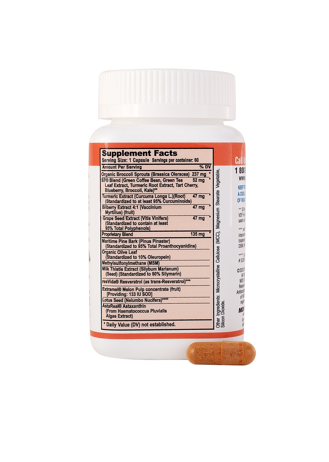 Longevity Antioxidants Supplement Facts panel — 60 veggie capsules, 1 capsule per serving