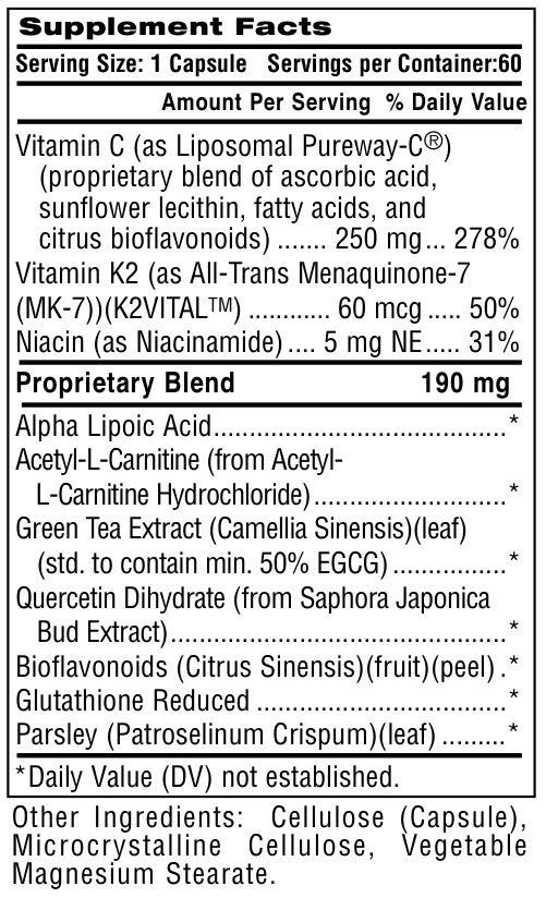 Mito-C Supplement Facts panel — Liposomal Pureway-C 250mg, Vitamin K2 60mcg, Niacin 5mg, 190mg proprietary blend with alpha lipoic acid, acetyl-L-carnitine, green tea extract, quercetin, bioflavonoids, glutathione, parsley