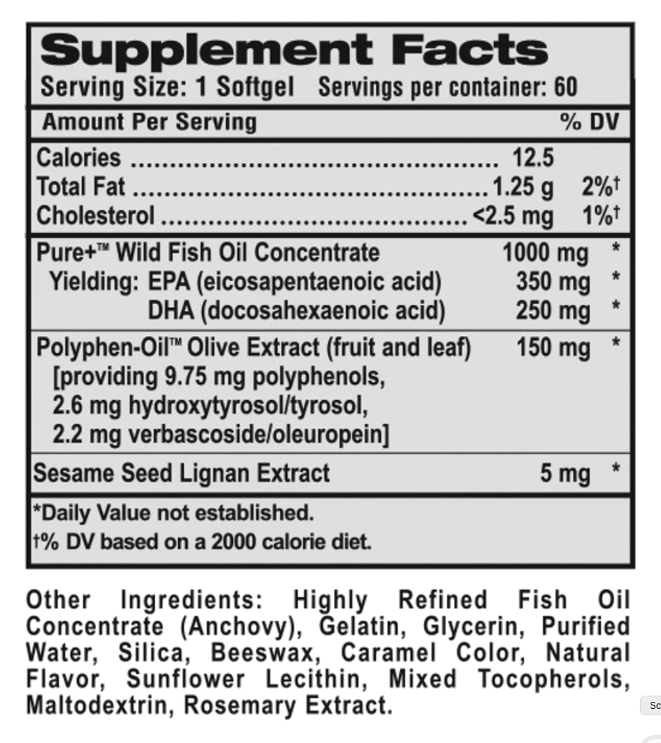OlivOmega Wild Fish & Olive Oil Supplement Facts panel — one softgel, 60 servings
