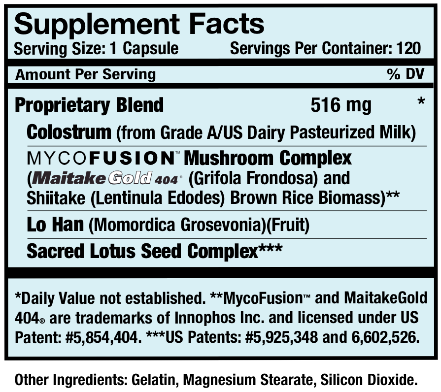 OnGuard Immune Defense Supplement Facts panel — Proprietary Blend 516 mg with colostrum, MycoFusion mushroom complex, Lo Han, and sacred lotus seed