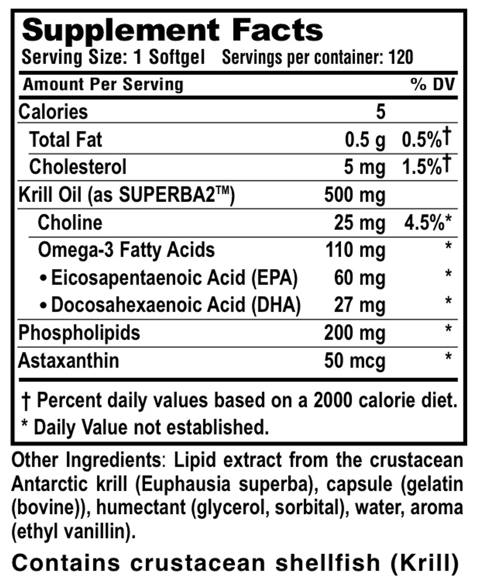 Pristinium Antarctic Krill Supplement Facts panel — 1 softgel serving, 120 servings per container