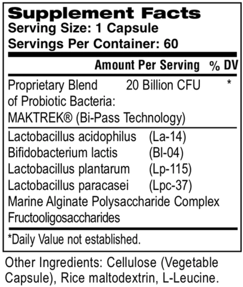 Tummy PRObiotics Supplement Facts panel — 20 Billion CFU four-strain proprietary blend with MAKTREK Bi-Pass technology and fructooligosaccharides