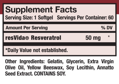 Ultra Pure Resveratrol Supplement Facts panel — 50 mg resVida® per softgel, 60 servings