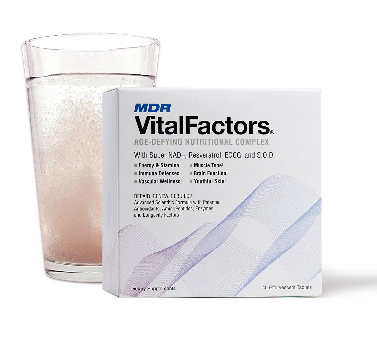 VitalFactors box with effervescent tablet dissolving in glass