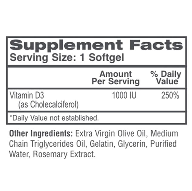 Vitamin D-3 Booster Supplement Facts panel — 1000 IU cholecalciferol per softgel