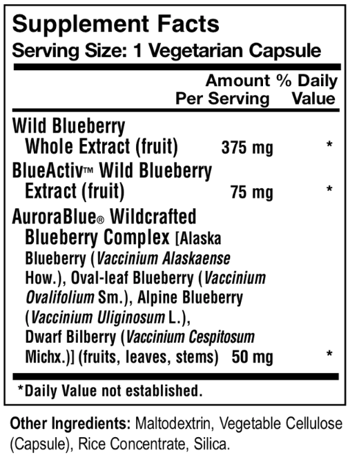 Wild Blueberry & Bilberry Antioxidants Supplement Facts panel — one vegetarian capsule per serving